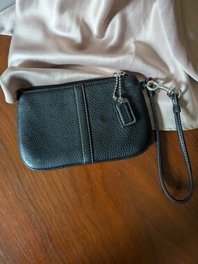 Coach Black Pebbled Leather Wristlet with Silver Hardware